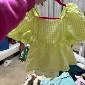 Gingham Puff Sleeve Top in Lime Green